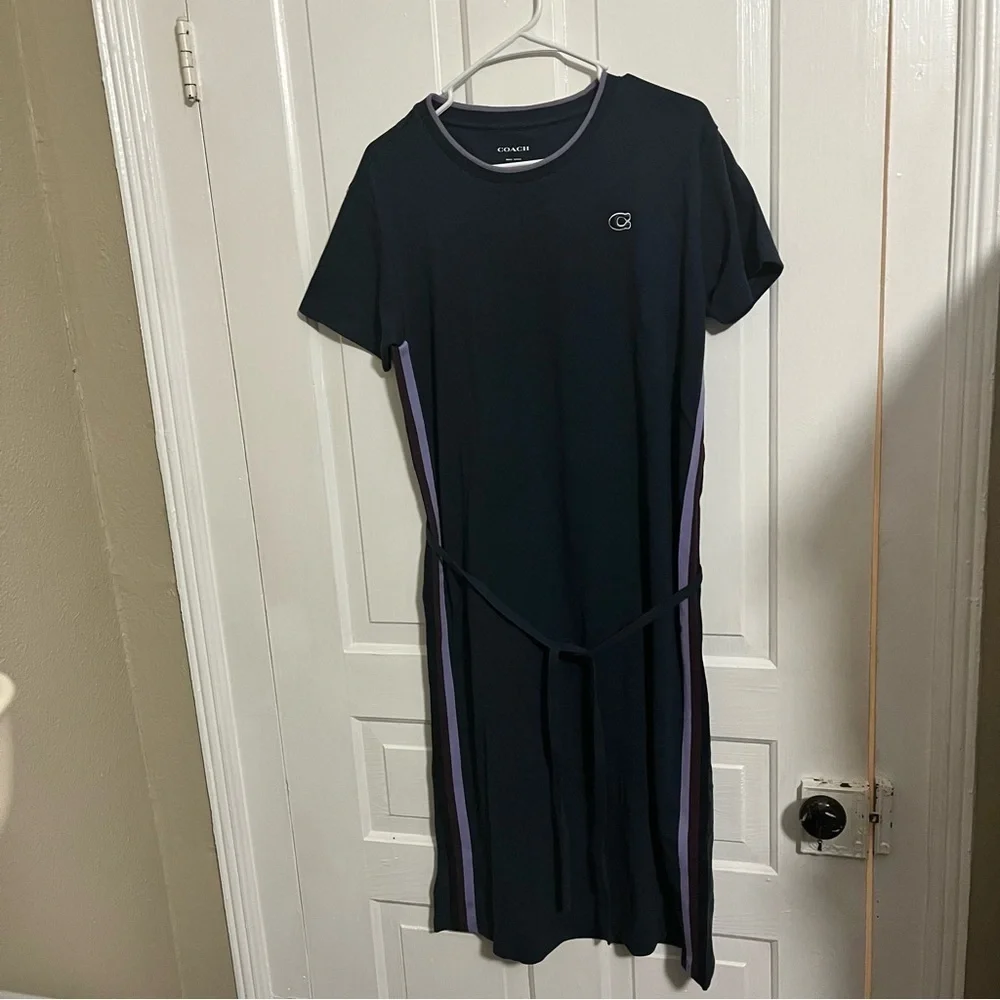 Coach Logo T-Shirt Midi Dress Blue Purple Stripe Self Tie Small M2